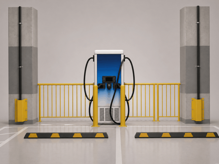 Steel bollards in front of EV charger 3d rendering