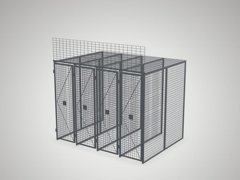 3D rendering of 2 x 6 wire mesh bike lockers corner view