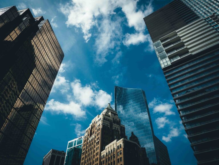 photo looking up at vancouver's skyline from the downtown street level